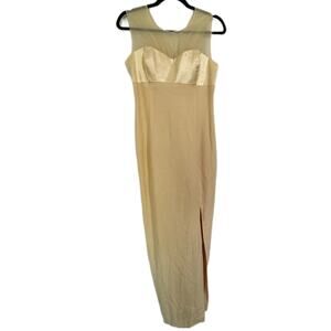 Ever Pretty Satin Formal Maxi Dress w Slit Sheer Mesh Rear Draping Sz 8 Yellow